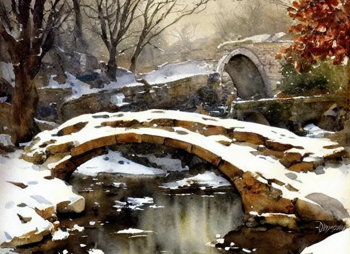 Prompt: watercolor of rustic stone bridge with mural, ivy, in winter landscape, glistering, high detailed art by dennis miller bunker, work by anders zorn, wonderful masterpiece by greg rutkowski, beautiful cinematic light, american romanticism by greg manchess, creation by tyler edlin