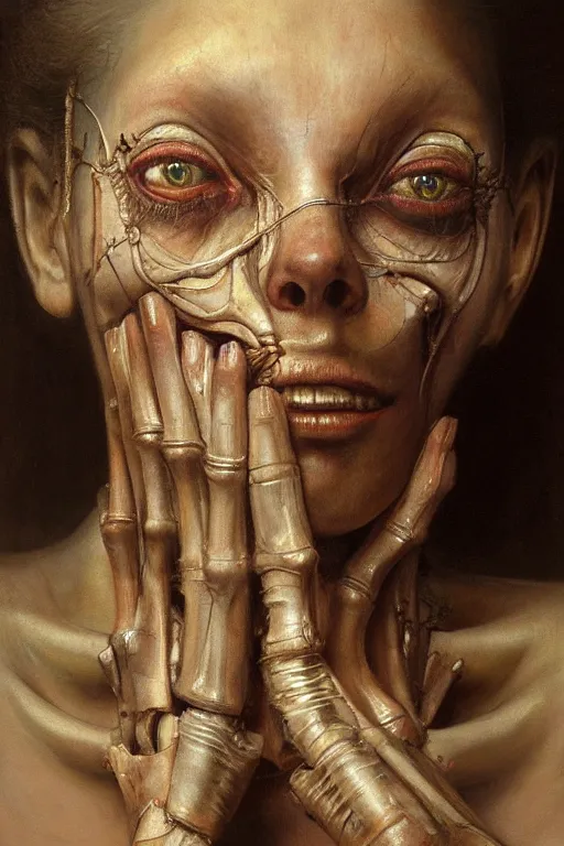 Prompt: beautiful oil painting portrait of biomechanical woman face connected to the machine by wayne barlowe, rembrandt, complex, stunning, realistic skin color, 4 k, high res, awardwinning, masterpiece, realistic lighting
