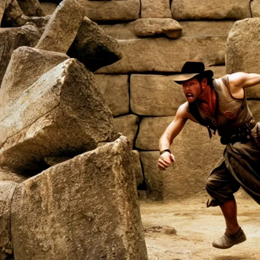 Prompt: Indiana Jones running from rolling boulder trap in ancient temple, raiders of the lost ark movie scene