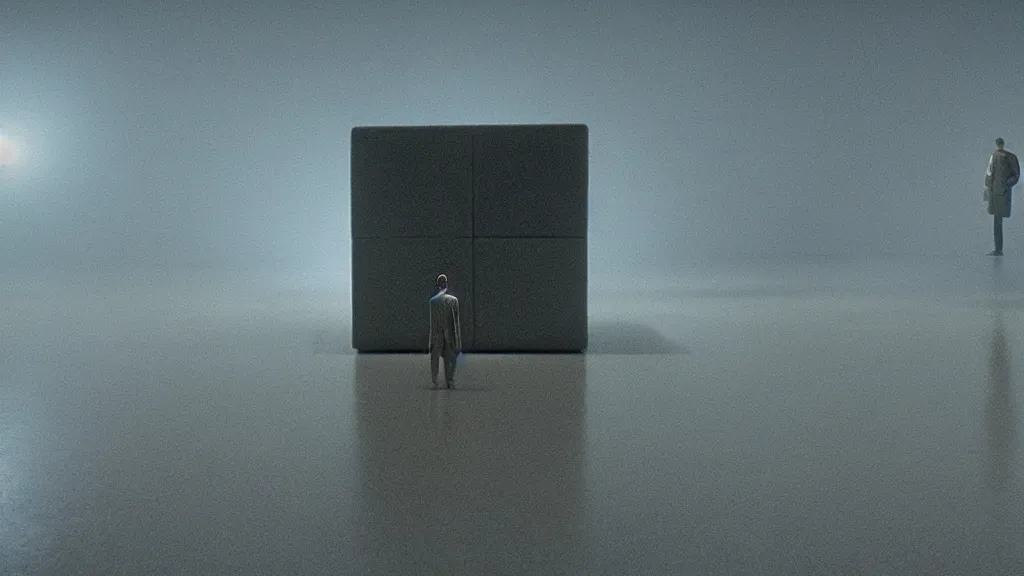 Image similar to cube man, film still from the movie directed by denis villeneuve and david cronenberg with art direction by salvador dali and zdzisław beksinski, wide lens