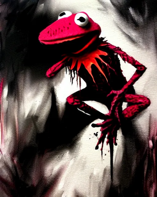 Image similar to disturbing grunge still of a demon infested kermit the frog in the muppets show. horror colored ink art, by greg tocchini, by tom bagshaw, by henry asencio, by kikuchi hideyuki, white red, black, crimson and grey gradient color scheme
