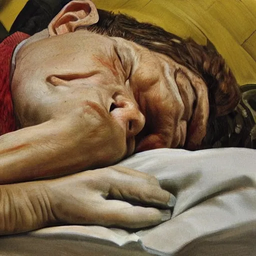 Image similar to high quality high detail painting by lucian freud, hd, sleeping