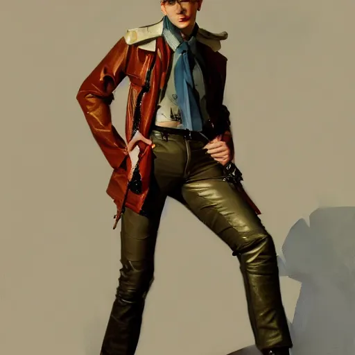 Prompt: fashion model with leather jacket painted by leyendecker, oil painting, 4 k, detailed, artstation