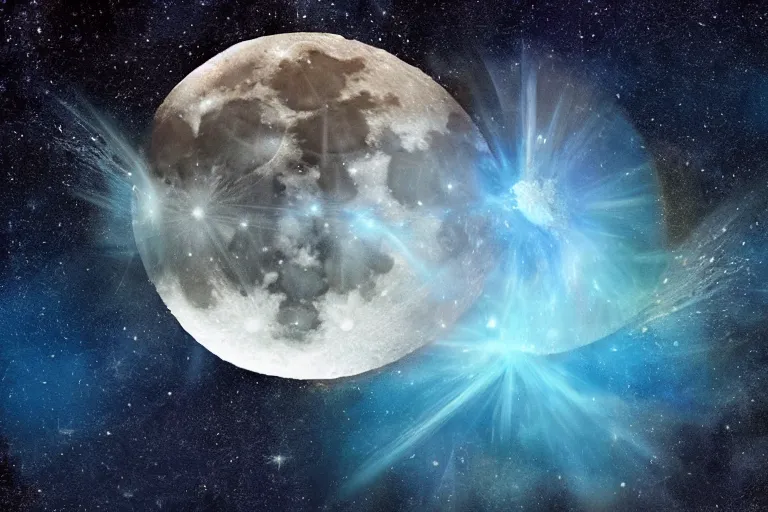 Image similar to a moon is disintegrating!!!!, breaking apart, shattering, fire, stars