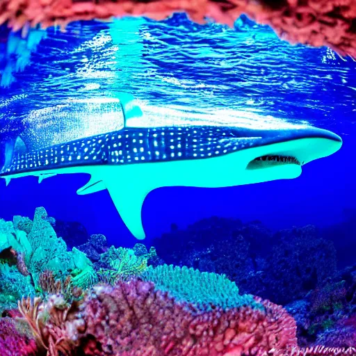 Image similar to a bioluminescent whale shark deep under the sea, award winning nature photography