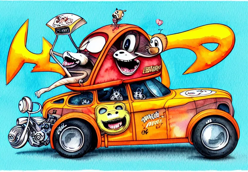 Image similar to cute and funny, racoon riding in a tiny hot rod coupe with oversized engine, ratfink style by ed roth, centered award winning watercolor pen illustration, isometric illustration by chihiro iwasaki, edited by range murata