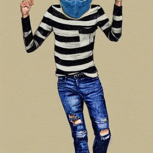 Prompt: professional pencil sketch of a full-body view of a young adult man with medium-length hair wearing a black face mask, a striped long-sleeved shirt, and ripped skinny jeans, high quality, HD, 8K, highly detailed, award-winning