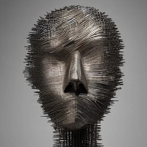 Prompt: sculpture of a head made from stainless steel staples, museum art, high concept, photorealistic, high resolution, dramatic lighting, modern art