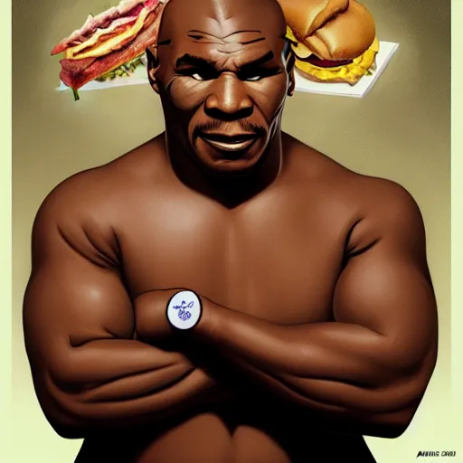 Prompt: portrait of Mike Tyson eating hamburgers, extra onions and ketchup, luscious patty with sesame seeds, feminine ethereal, handsome, D&D, fantasy, intricate, elegant, highly detailed, digital painting, artstation, concept art, matte, sharp focus, illustration, art by Artgerm and Greg Rutkowski and Alphonse Mucha