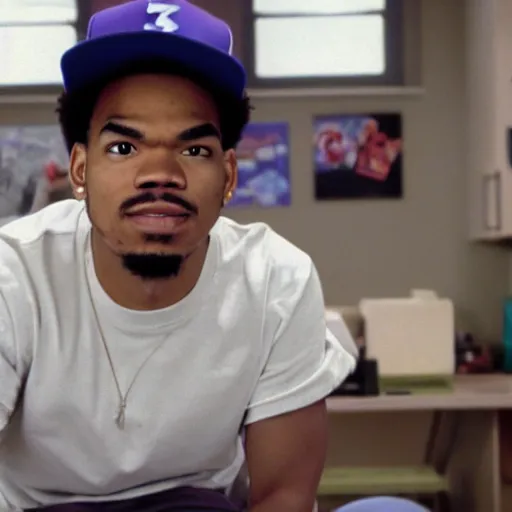 Prompt: a tv still of Chance The Rapper starring as a college student in a 1998 black sitcom, 40mm lens