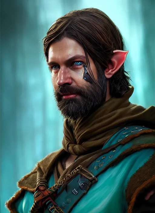 Image similar to A striking epic hyper real comic book style portait painting of an arrogant half-elf ranger, teal tunic, teal headband, shaggy brown hair, scruffy beard, scar on face, D&D Concept Art, unreal 5, DAZ, Apex legends concept art, hyperrealistic, octane render, cosplay, RPG portrait, dynamic lighting