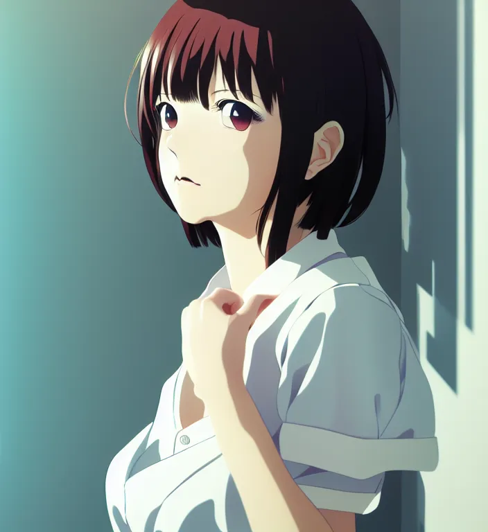 Image similar to anime visual, a young woman with white here in her room interior, cute face by ilya kuvshinov, yoshinari yoh, makoto shinkai, katsura masakazu, dynamic perspective pose, detailed facial features, kyoani, rounded eyes, crisp and sharp, cel shad, anime poster, ambient light