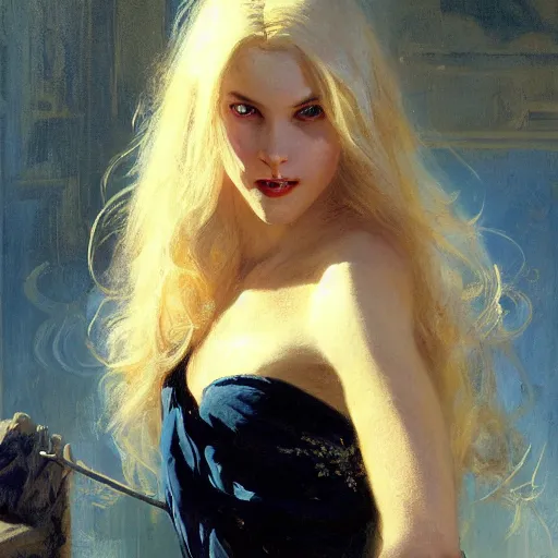 Image similar to detailed cinematic wide shot of beautiful attractive blonde vampire woman slim face symettrical face clean skin blue eyes black robe smooth, sharp focus, ultra realistic, spring light, painting by gaston bussiere, craig mullins, j. c. leyendecker