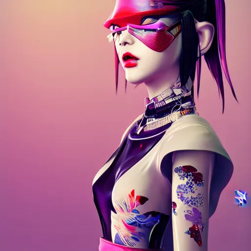 Image similar to cyberpunk japanese kimono inspired avant-garde art, deco fashion, highly detailed, photorealistic portrait, bright studio setting, studio lighting, crisp quality and light reflections, unreal engine 5 quality render