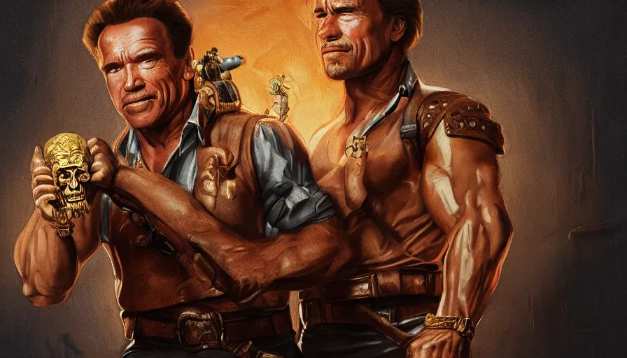 Prompt: arnold schwarzenegger as indiana jones holding a whip in left hand and holding a golden mayan skull in the right hand, grey background, hyperdetailed, artstation, cgsociety, 8 k