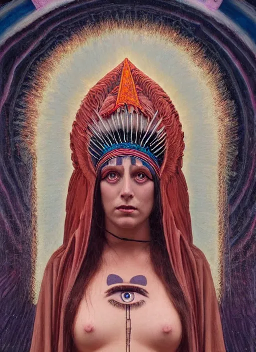 Prompt: acid tripping cult magic psychic woman, third eye, occult ritual, dark witch headdress, oil painting, robe, symmetrical face, greek dark myth, by John William Godward, Sean yoro, Anna Dittman, masterpiece