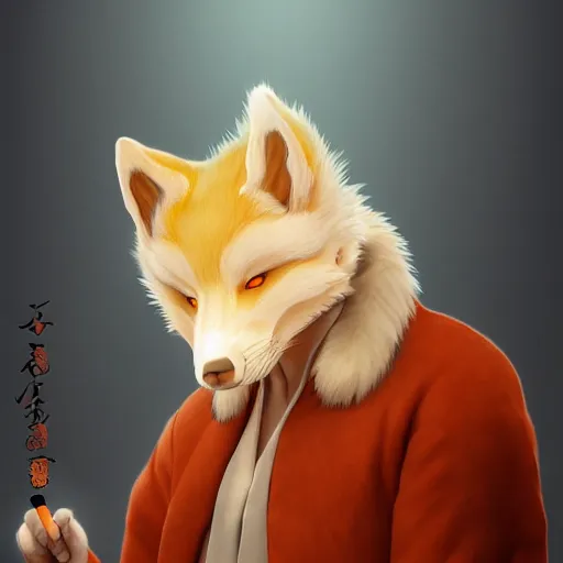 Image similar to masked godly kitsune smoking, wooden pipe, fuji mountain, anime style, symmetrical facial features, avatar for website, animal anatomy, hyper realistic, orange fur, rule of thirds, extreme detail, 4 k, detailed drawing, trending artstation, realistic lighting, by alphonse mucha, greg rutkowski, sharp focus, backlit