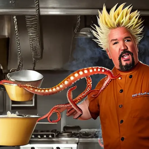 Image similar to guy fieri, turning into an eldritch horror with tentacles, hair sharp like blades, bathing in a giant pan filled with boiling oil, film still from the movie directed by denis villeneuve with art direction by salvador dali