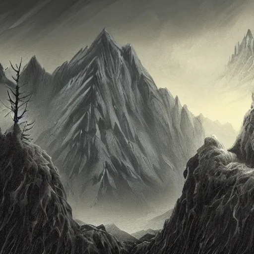 Prompt: the mountain giant, terrifying entity in the distance, hd horror art