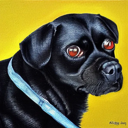Image similar to portrait of black pugalier dog, by ken done