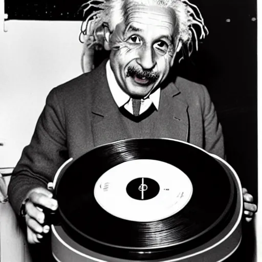 Image similar to color photograph of Albert Einstein DJing a record player at a nightclub, color photograph, color photograph