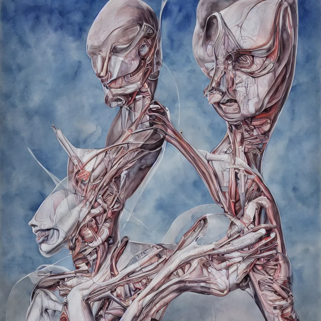 Prompt: anatomical depiction of a beautiful alien femme biology, latex domme, extraterrestrial, sharp focus, by james gurney, by santiago calatrava, by zaha hadid, ornate portrait, high quality, watercolor