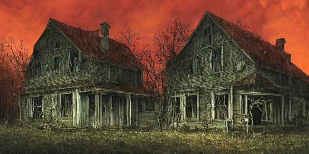 Prompt: a spooky farmhouse, tense horror atmosphere, rural village, cthulhu mythos, by michael whelan