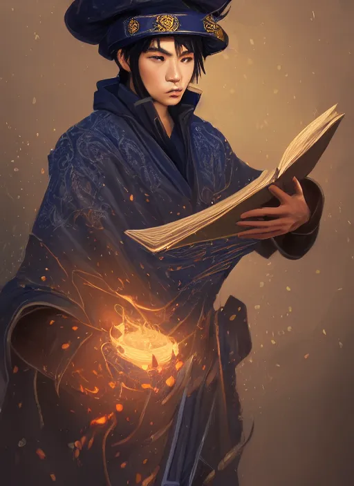 Image similar to a highly detailed illustration of short black haired young asian male wizard wearing ornate navy robe and mage hat, dramatic reading spell book pose, nonchalant expression, intricate, elegant, highly detailed, centered, digital painting, artstation, concept art, smooth, sharp focus, league of legends concept art, WLOP