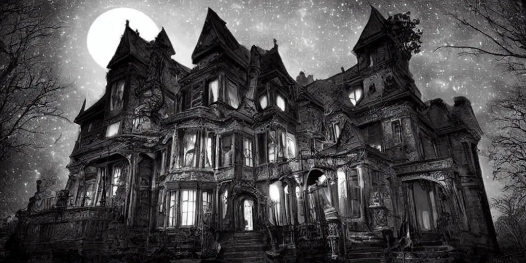 Prompt: inside a haunted mansion at night, moonlight shines through the windows, dramatic shadows, gothic