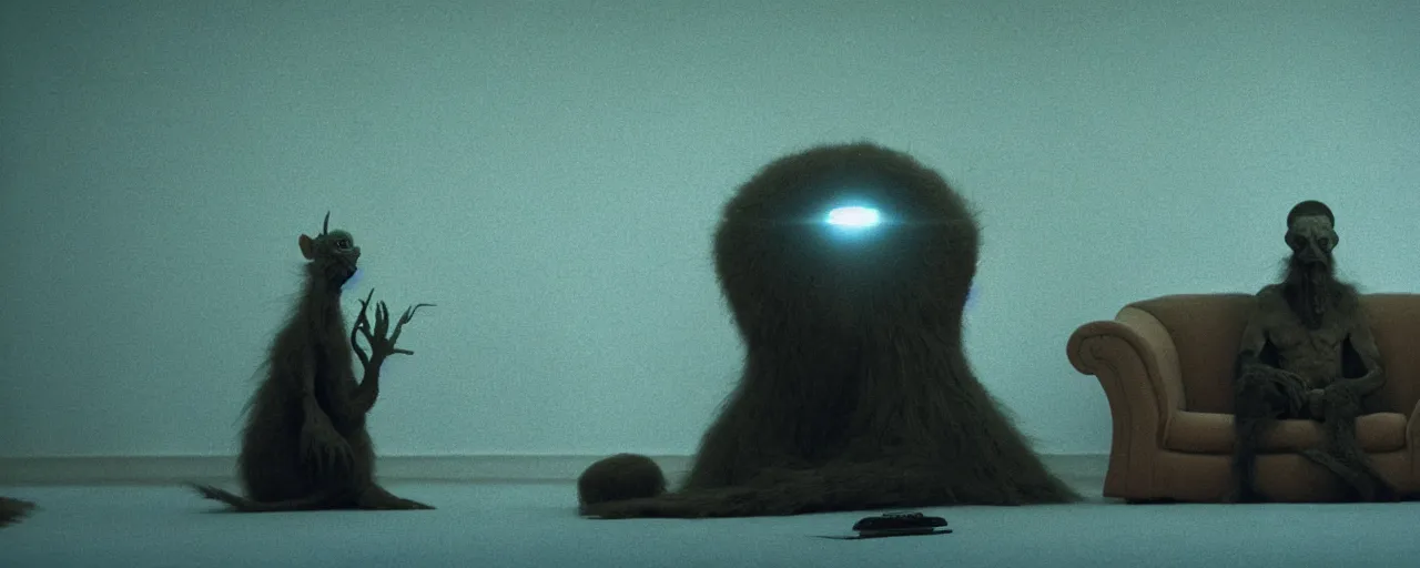 Image similar to a strange creature sits in the living room, film still from the movie directed by Denis Villeneuve with art direction by Zdzisław Beksiński, close up, telephoto lens, shallow depth of field