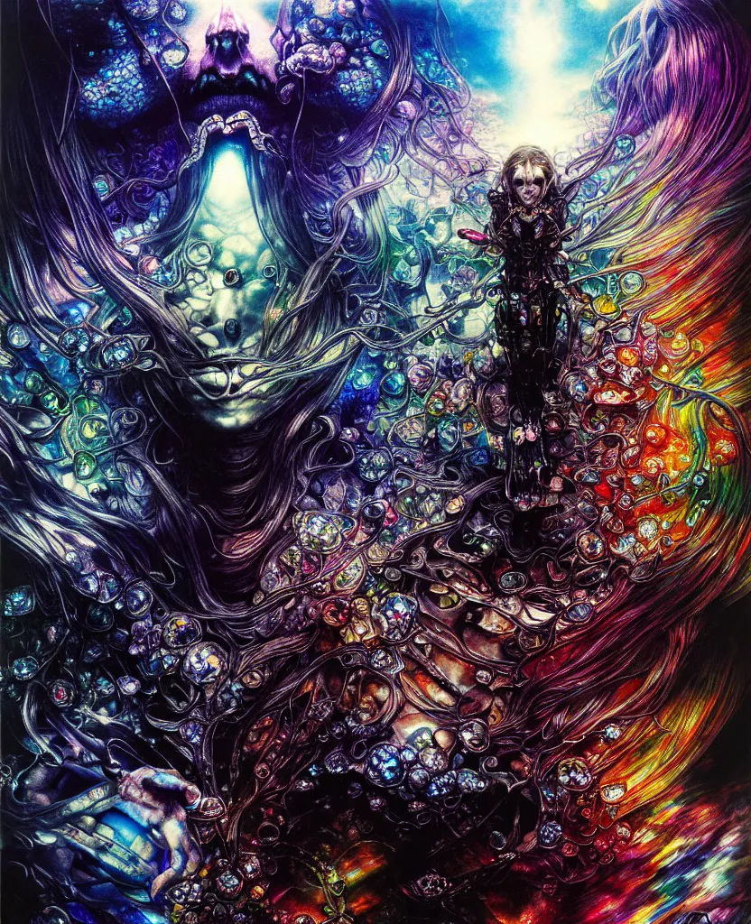 Image similar to realistic detailed image of ultra wrathful rainbow diamond iridescent mega sybiote, depth perception, depth of field, action horror by ayami kojima, neo - gothic, gothic, part by adrian ghenie and gerhard richter. art by yoshitaka amano. masterpiece