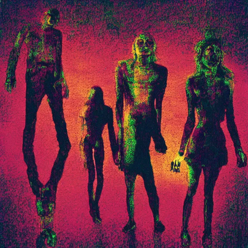 Image similar to closeup of two people standing on top of a checkered floor, an album cover by syd barrett, tumblr, neo - expressionism, darksynth, nightmare, cosmic horror, artstation