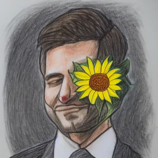 Image similar to man with a sunflower instead of a head wearing a business suit, color pencil sketch