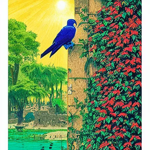 Image similar to impressionist synthwave ancient city angle parrot ivy woodcut nut , by Joe Jusko and Jakub Rozalski and Moosa Al Halyan , surrealist , abstract , tarot card