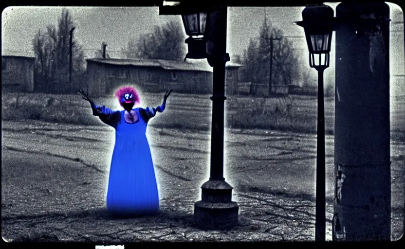 Prompt: a thin scary woman clown with scary face in torn clothes stands under a lamppost that shines a blue light on the clown, pitch darkness around the post, everything happens at night in an old Soviet village, the photo was taken from afar, Colourful, Cinematic, filmic, 35mm, dark atmosphere, horror, scary, Wildlife photography, Polaroid, bad quality