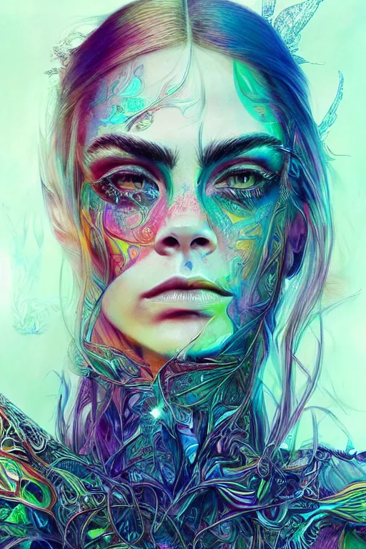 Image similar to an absolutely gorgeous portrait of Cara Delevigne by Android Jones, wings, fractals, Gorgeous colors, face symmetry, insane detail, gorgeous colors, strong composition, awe inspiring lighting, psychedelic, volumetric light, symmetry, subsurface scattering