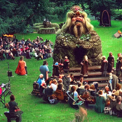 Image similar to a beatiful dwarven festival in 1994 in a fertile green park with surreal elven nature, a gnome rock band concert and dwarven BBQ