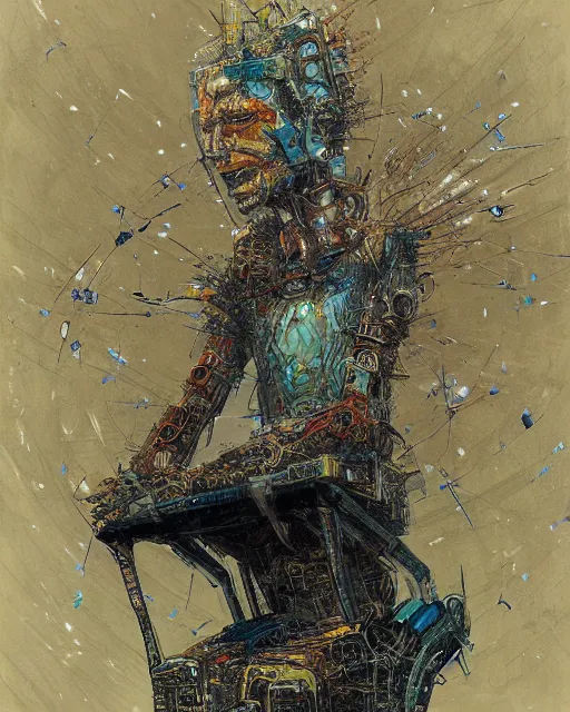 Prompt: a painting of a man sitting on top of a chair, cyberpunk art by john backderf and by ian miller and by peter de seve, cgsociety, neo - primitivism, dystopian art, biomorphic, parallax