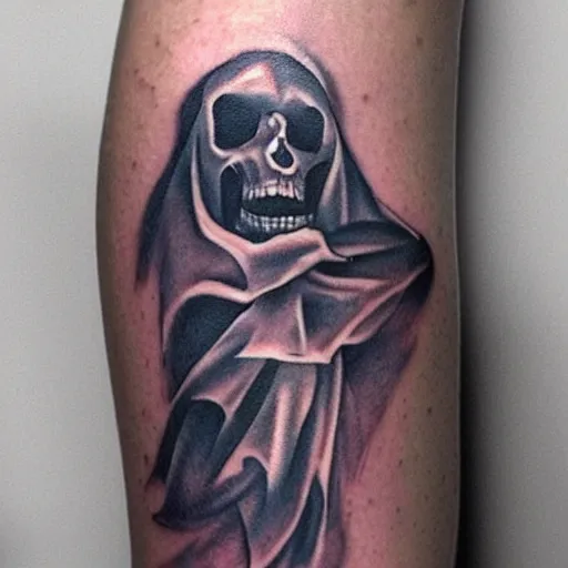 Image similar to ghost tattoo design, hyper realstic, on arm, low detailed, light colors