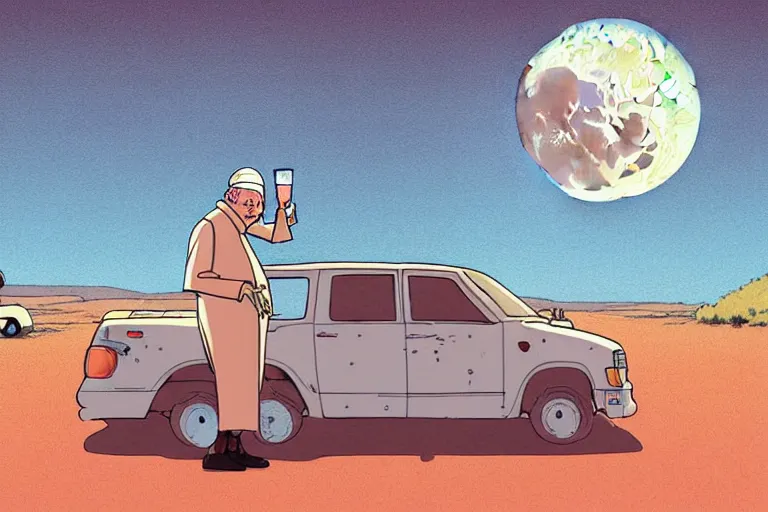 Image similar to a study of a cell shaded cartoon pope holding and drinking a beer on a desert road in front of a big moon, full body, wide shot, very muted colors, post grunge, studio ghibli, laurie greasley, highly detailed, deviantart, art by artgem