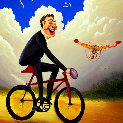 Image similar to A whimsical painting of a happy man flying in the sky on his bicycle in the clouds, expressive oil painting, digital art