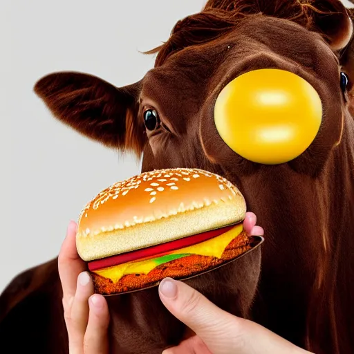 Image similar to a cow very happy about eating a cheese burger, highly detailed, photorealistic portrait, bright studio setting, studio lighting, crisp quality and light reflections