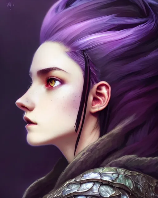 Image similar to side portrait rugged girl, adventurer outfit large cloak, fantasy forest landscape, dragon scales, fantasy magic, undercut hairstyle, short purple black fade hair, dark light night, intricate, elegant, sharp focus, illustration, highly detailed, digital painting, concept art, matte, art by WLOP and Artgerm and Greg Rutkowski and Alphonse Mucha, masterpiece