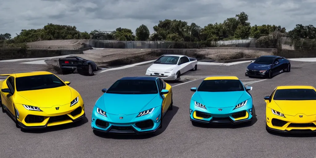 Prompt: a honda civic, r 3 4 and supra in the shape of lamborghini huracan car