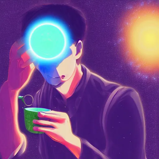 Image similar to A man drinking a cup of cosmic energy bright light by Masafumi Harada, 4k, digital art, surreal, anime style,