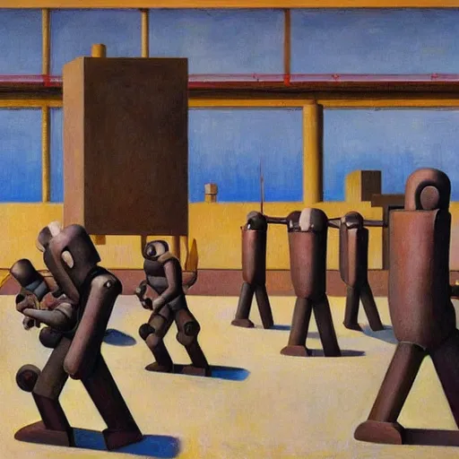 Image similar to drab slave human workers building robots, watched by fascist robots, brutalist factory, dystopian, pj crook, edward hopper, oil on canvas