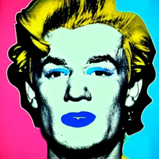 Image similar to colour portrait of angry andy warhol, 20 years old, who looks straight into the camera, with shoulders visible in the frame. in the style of andy warhol