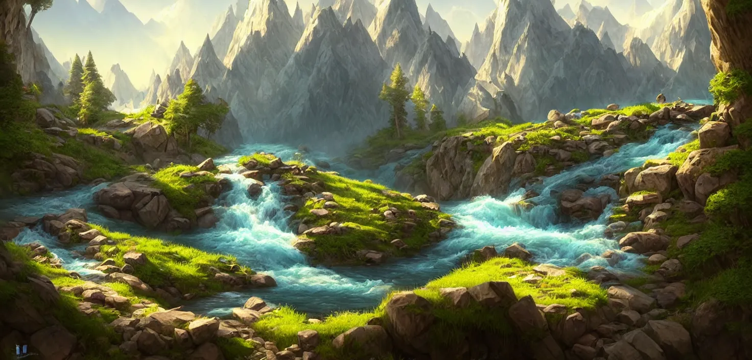Prompt: lake in mountains streams and rivers flow down slopes of mountains and rocks into the valley spring in mountains, trumpet, by dom qwek, fish eye view, trending on polycount, artstation, 3 d hammer modeling, hd, vray, 8 k, sharp high quality artwork in style of greg rutkowski, concept art, blizzard warcraft artwork, hearthstone card artwork