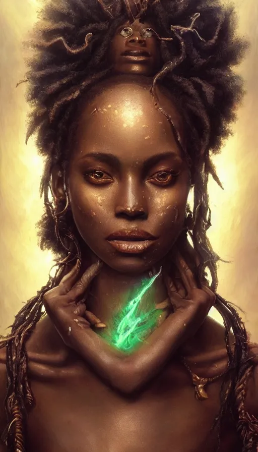 Image similar to epic masterpiece portrait of a dark skin sorceress with a magic wand, african tribe, sweaty skin, hyperrealistic, octane render, cinematic, followed by heads with many faces, beautiful face and flawless skin, perfect hands, emeralds by Edgar Maxence and Ross Tran and Michael Whelan, Legends of Runeterra