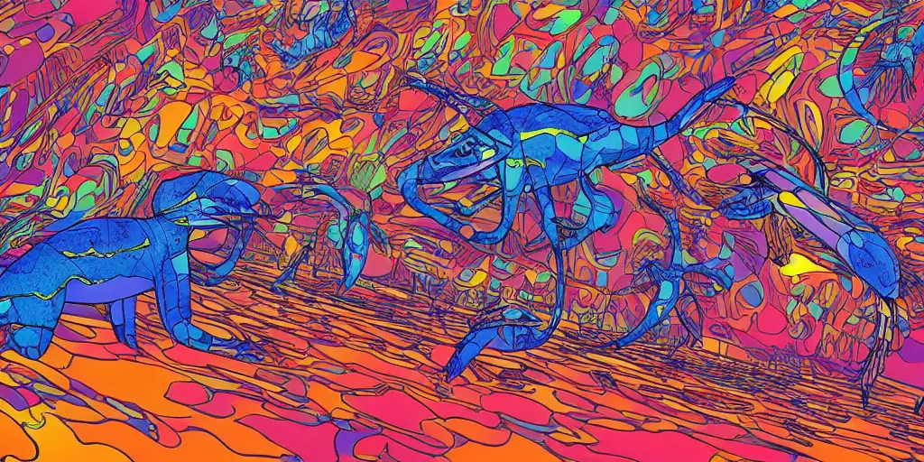 Prompt: electric cats that fly over ice, a lot of tv screens around, shrimps are all over the ground, acid and dreaming psychedelic hallucinations, by moebius, colorful flat surreal design, hd, 8 k, artstation